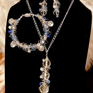OOAK Handcrafted Blue and Clear Crystal silvertone wound metal Necklace Set